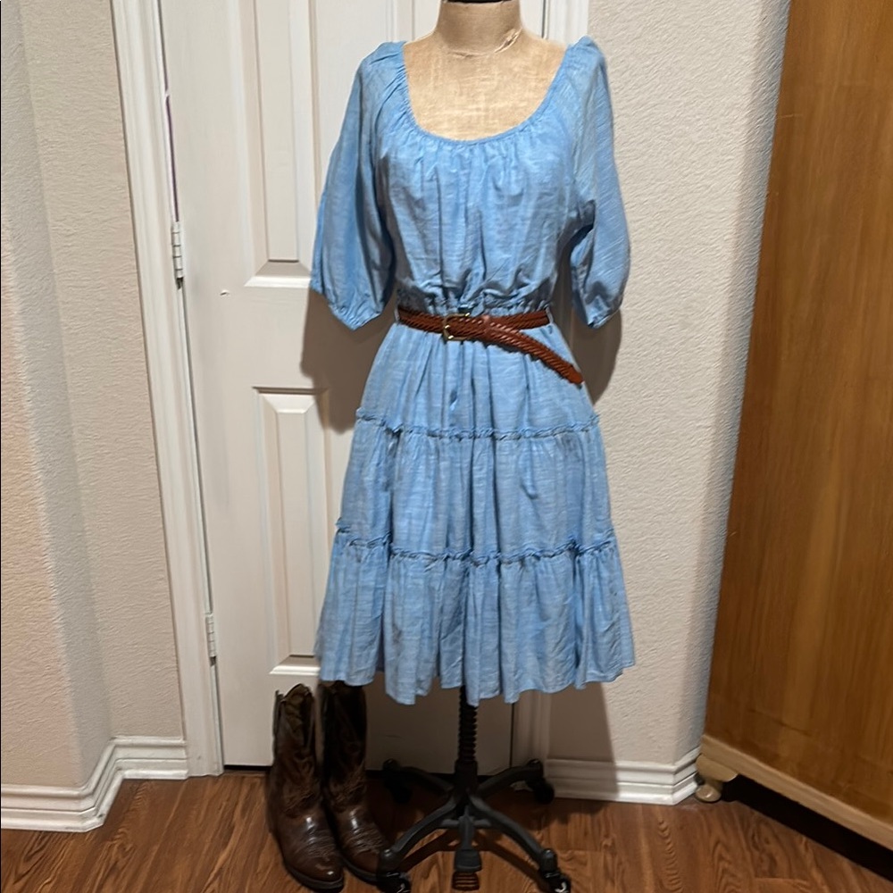 Reba Blue Tiered Midi Dress with Bishop Sleeves